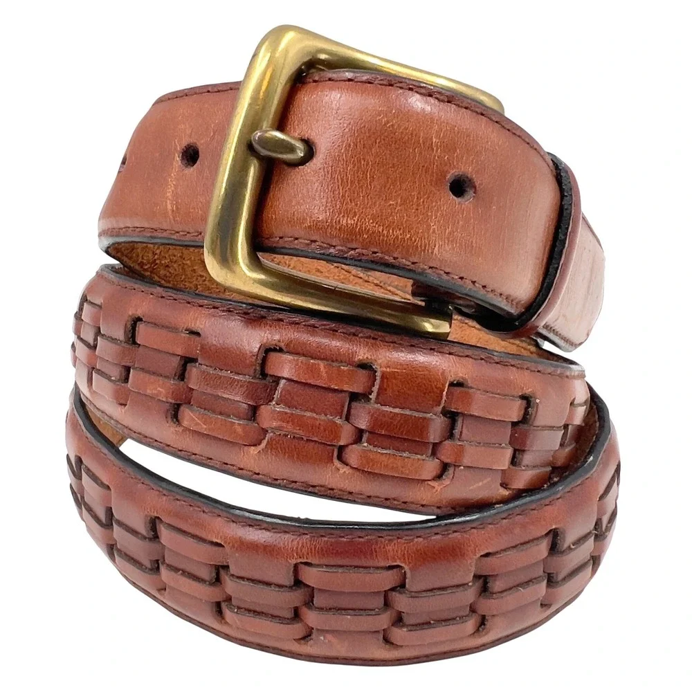 Mens Vintage Leather Belt Brown Oil Tan Cowhide Woven Inlay Solid Brass 40